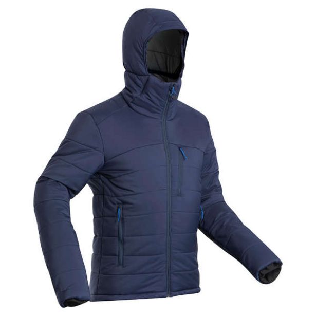 Pánska trekingová vatová bunda Trek 500 s kapucňou pohodlná do -10 °C tmavomodrá v akcii za 42,99€